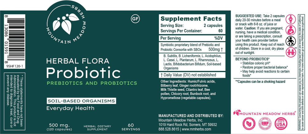 Mountain Meadow Herbs Herbal Flora Probiotics bottle with light background—daily routine.