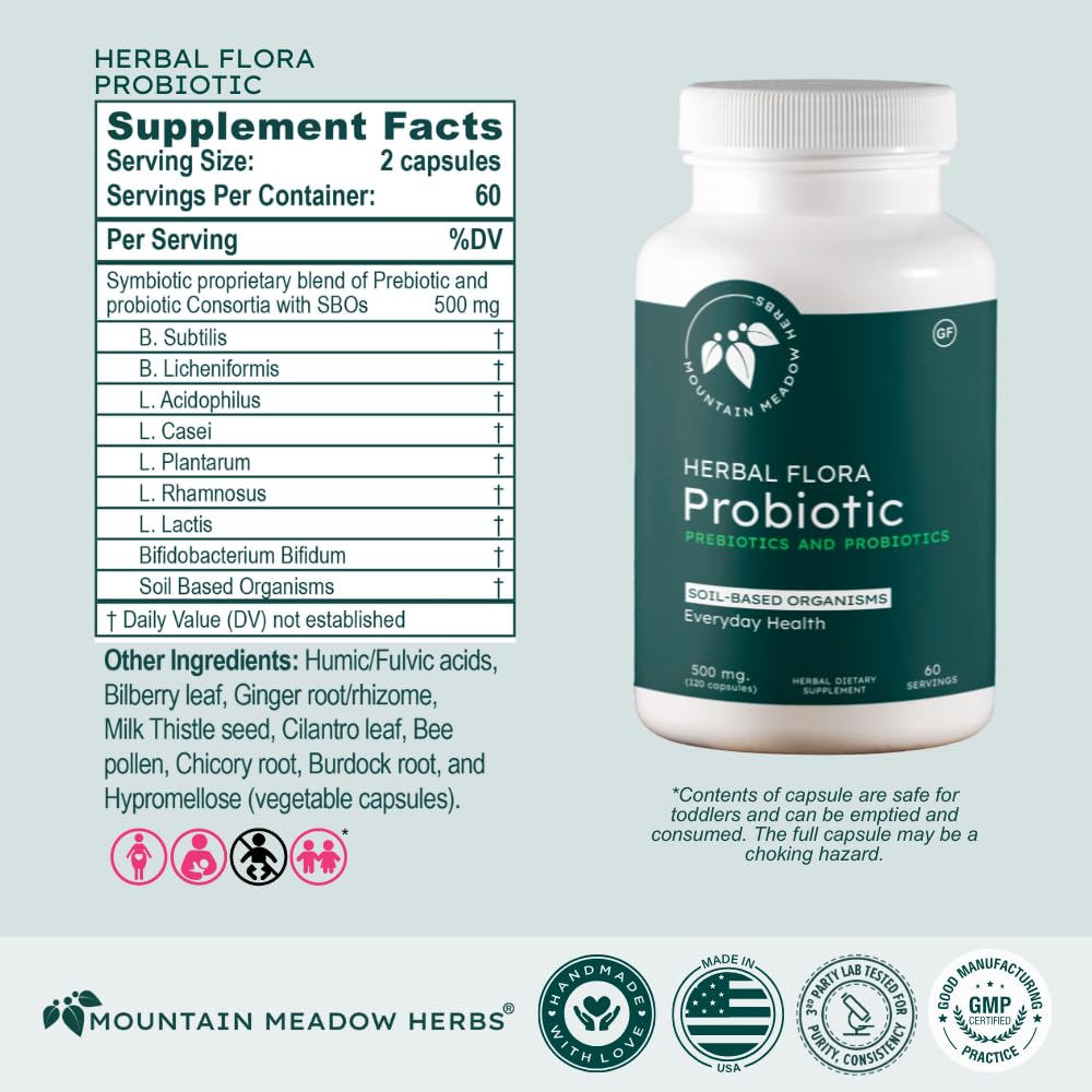Mountain Meadow Herbs Herbal Flora Probiotics bottle beside a glass—routine gut health.