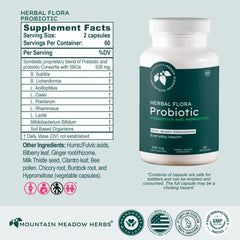 Mountain Meadow Herbs Herbal Flora Probiotics bottle beside a glass—routine gut health.