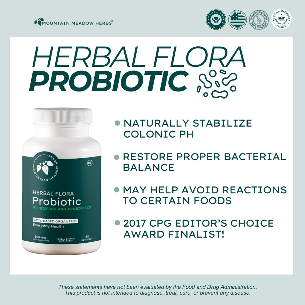 Mountain Meadow Herbs Herbal Flora Probiotics capsules on a clean counter for daily use.