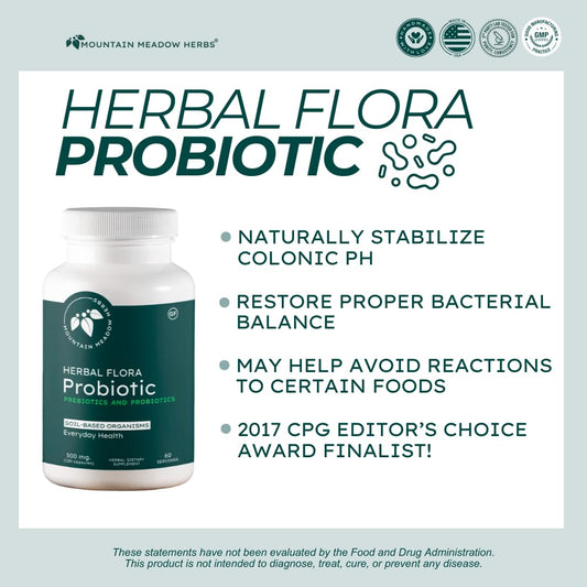 Mountain Meadow Herbs Herbal Flora Probiotics capsules on a clean counter for daily use.