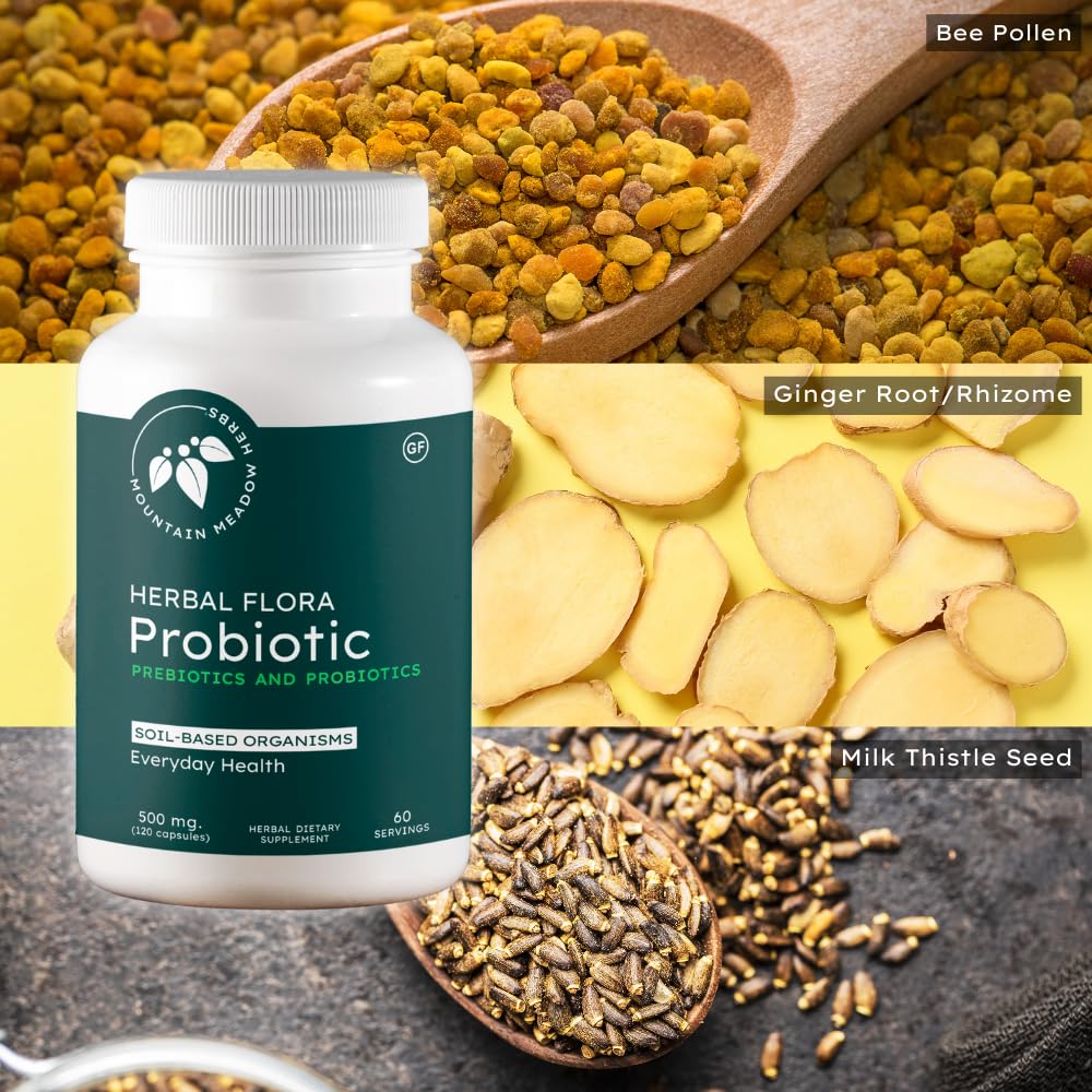 Mountain Meadow Herbs Herbal Flora Probiotics and Prebiotics label emphasizes soil-based organisms.