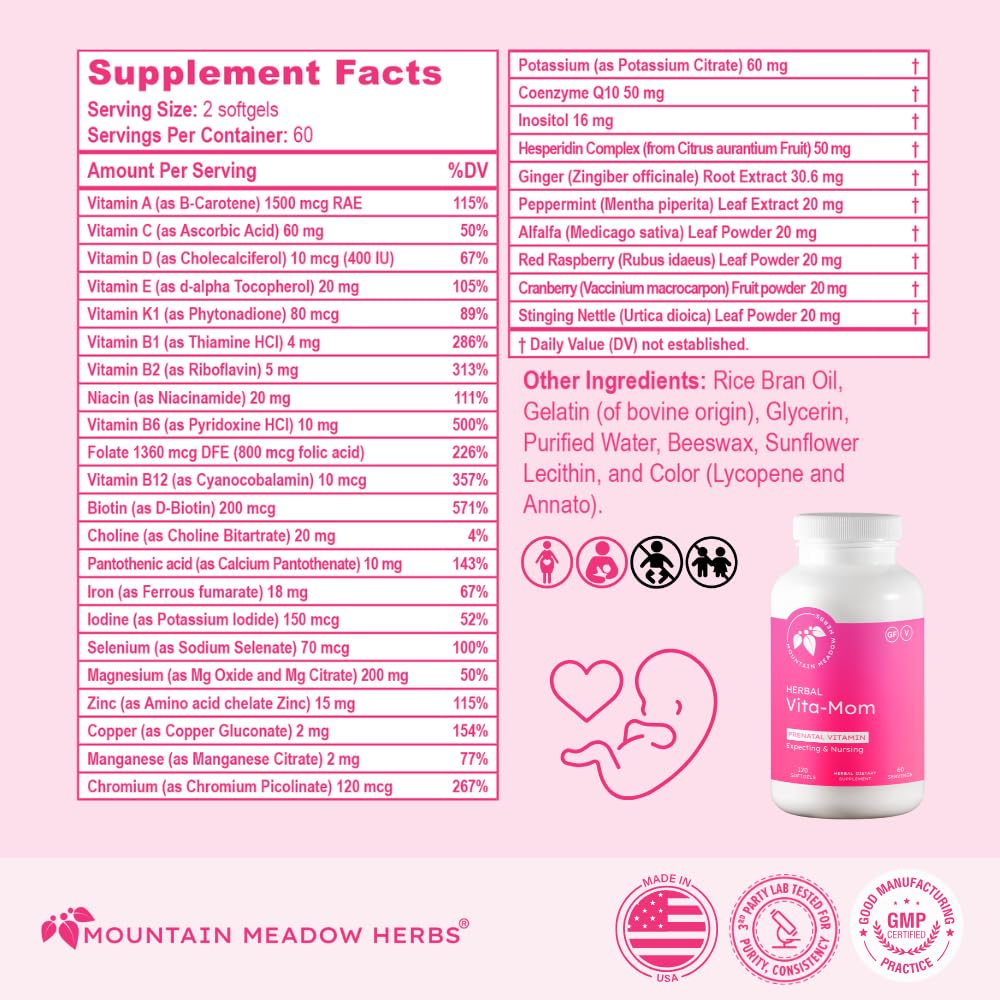 Iron and choline in Vita-MOM support maternal nourishment.
