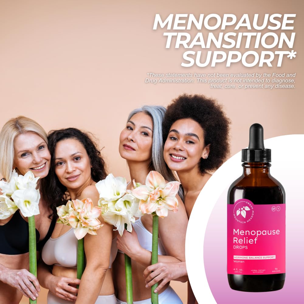 Mountain Meadow Herbs Menopause Relief Drops label highlights natural ingredients.