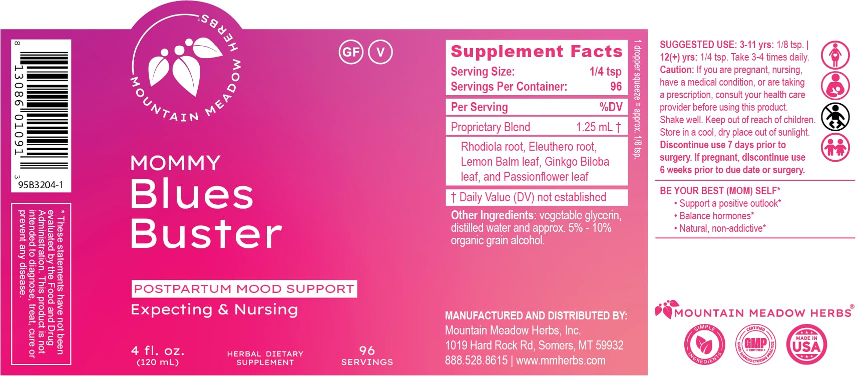 Mountain Meadow Herbs Mommy Blues Buster label closeup highlights the herbal blend.