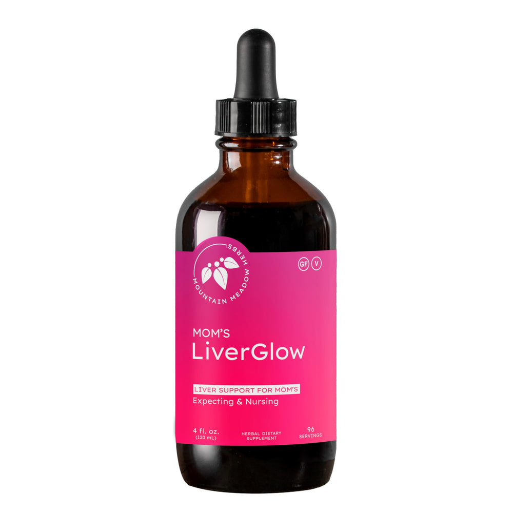 Mountain Meadow Herbs Mom's Liver Glow bottle front view for daily liver support.