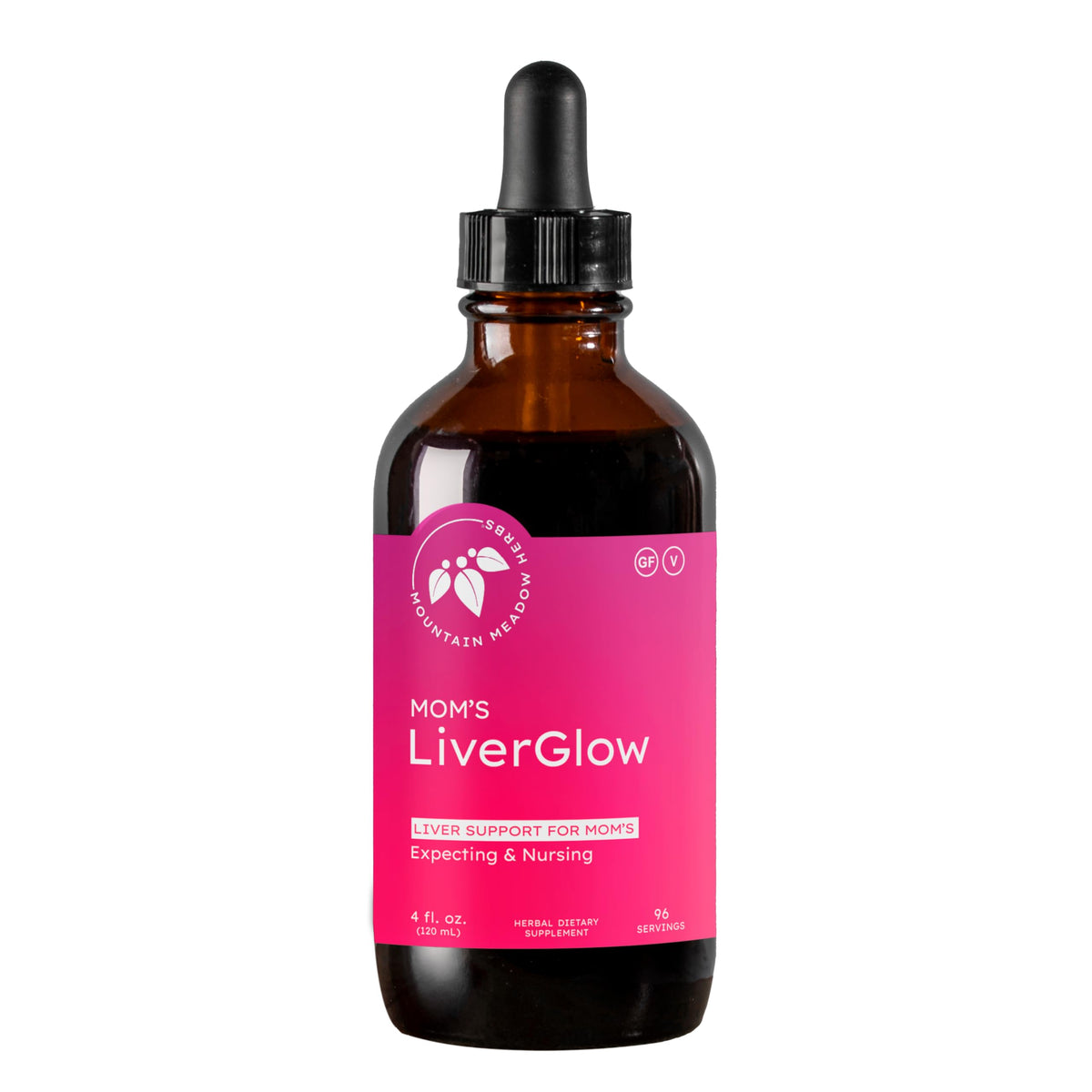 Mountain Meadow Herbs Mom's Liver Glow bottle front view for daily liver support.
