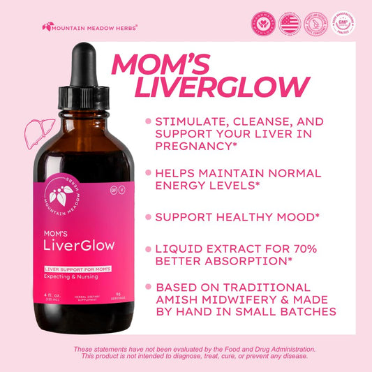 Mountain Meadow Herbs Mom's Liver Glow bottle pour demonstrates easy dosing for daily use.