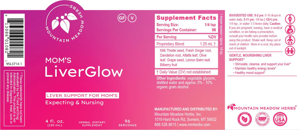 Mountain Meadow Herbs Mom's Liver Glow bottle side-label provides product clarity.