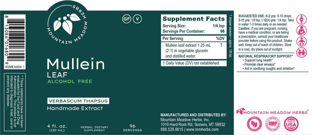 Mountain Meadow Herbs Mullein Leaf Extract dropper for easy dosing across ages