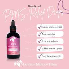 Mountain Meadow Herbs PMS Relief Drops dropper dispensing a measured dose for easy daily use