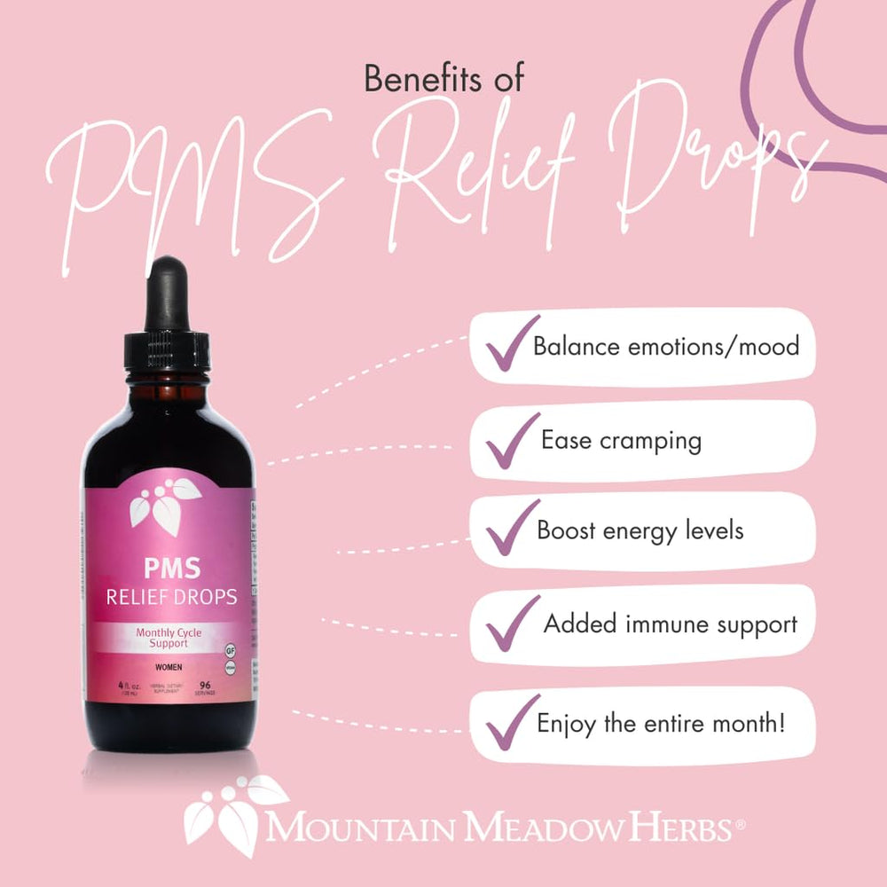 Mountain Meadow Herbs PMS Relief Drops pour showing precise dosing.