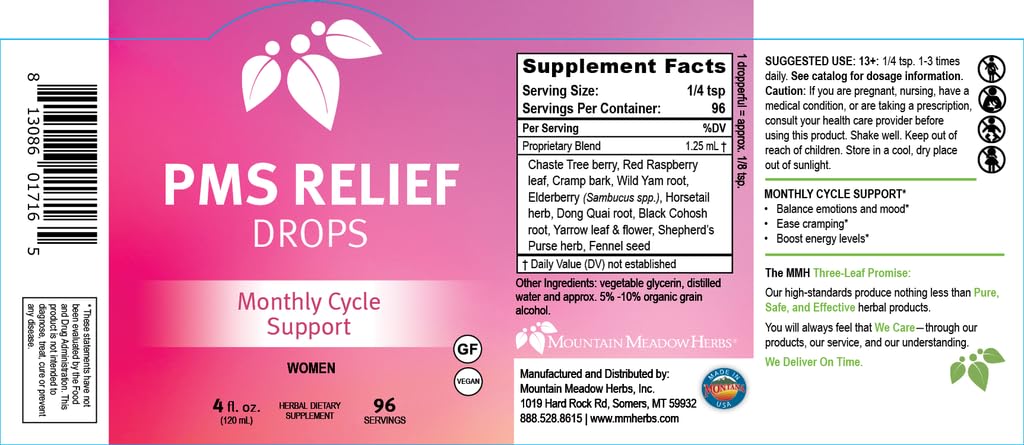 Mountain Meadow Herbs PMS Relief Drops still-life scene signals holistic cycle wellness.