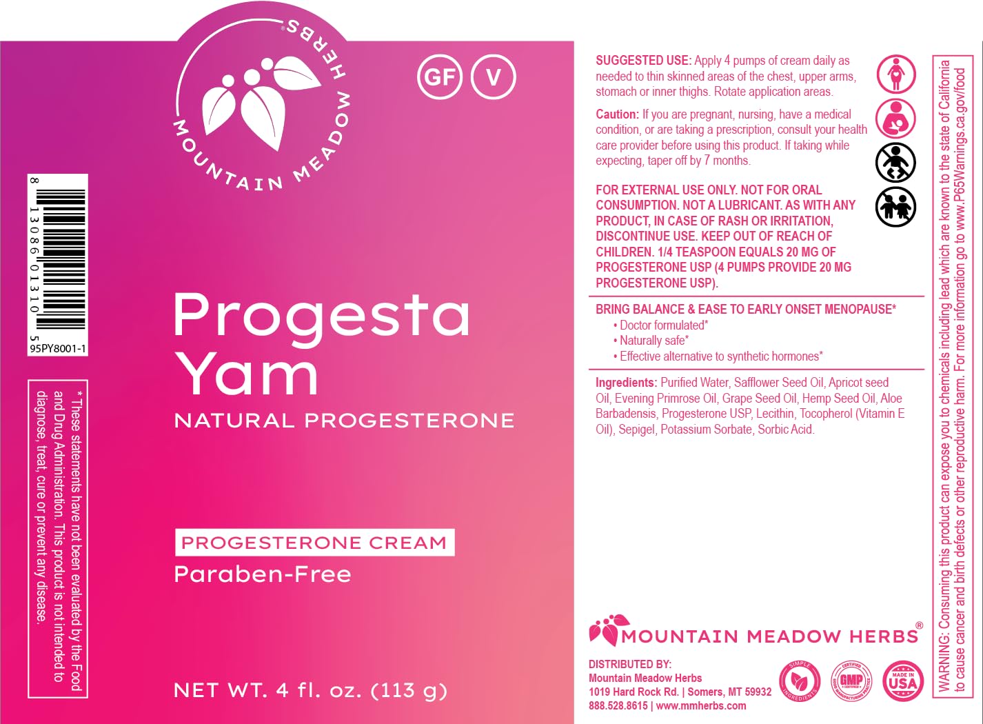Mountain Meadow Herbs Progesta-Yam cream packaging with GMP-certified facility badge.