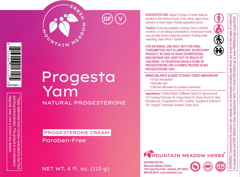 Mountain Meadow Herbs Progesta-Yam cream packaging with GMP-certified facility badge.