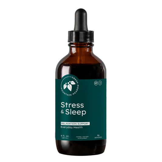 Mountain Meadow Herbs Stress & Sleep bottle with dropper for a calming evening routine.