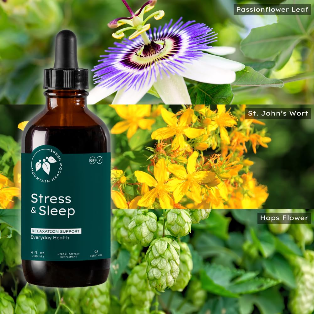Mountain Meadow Herbs Stress & Sleep packaging designed for daily calm and restful nights.