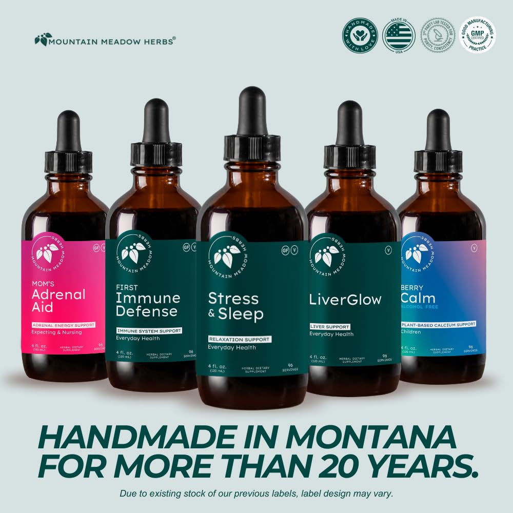 Mountain Meadow Herbs Stress & Sleep bottle on a bedside table suggesting a nighttime routine.