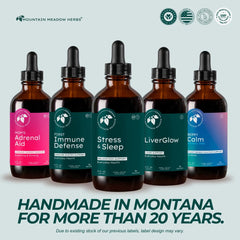 Mountain Meadow Herbs Stress & Sleep bottle on a bedside table suggesting a nighttime routine.