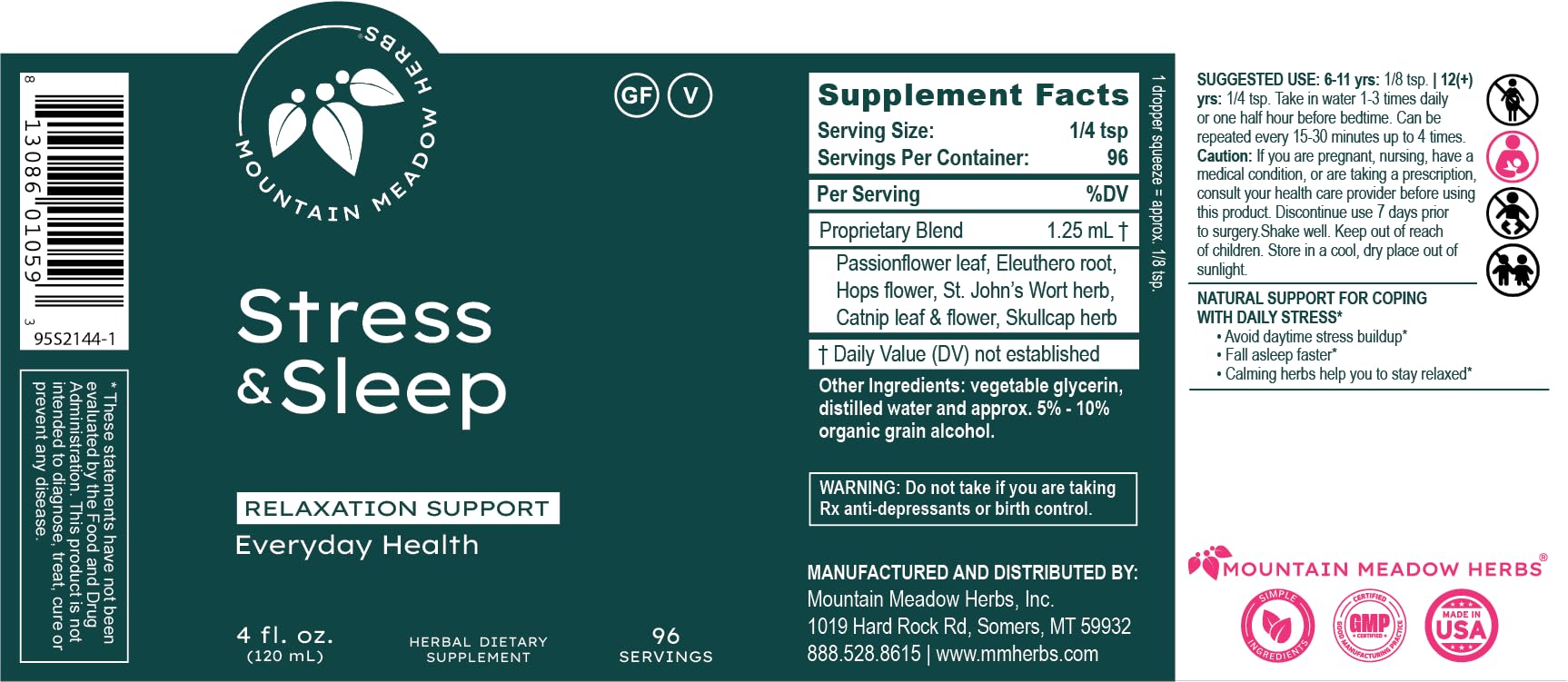 Mountain Meadow Herbs Stress & Sleep bottle highlighting natural calm support for evenings.