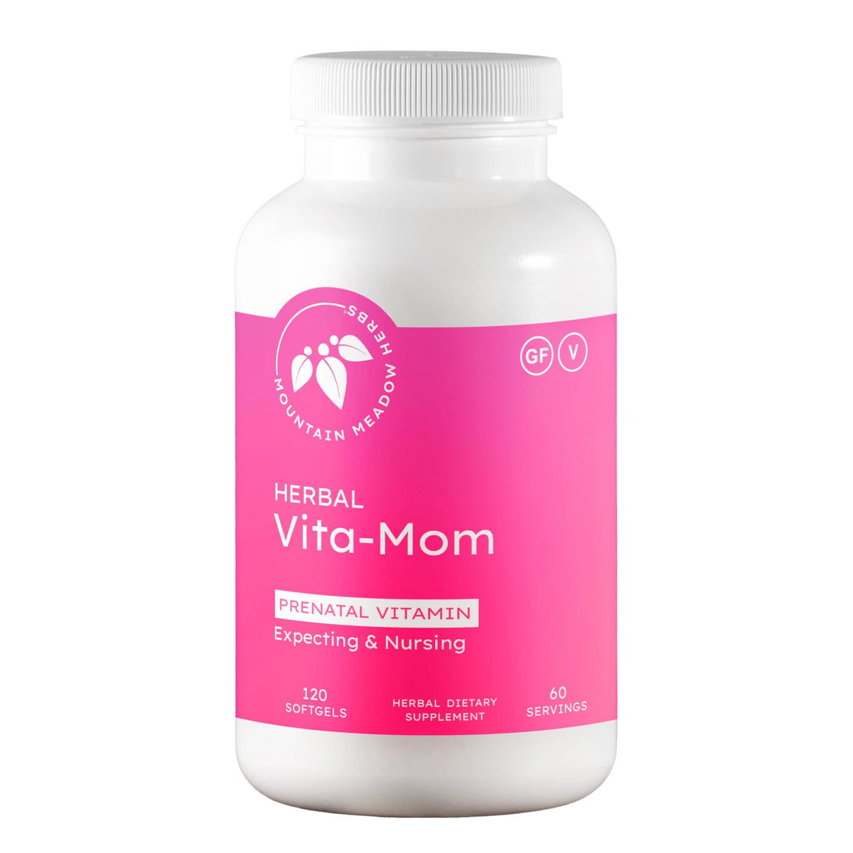 Mountain Meadow Vita-MOM softgel bottle for prenatal nutrition.