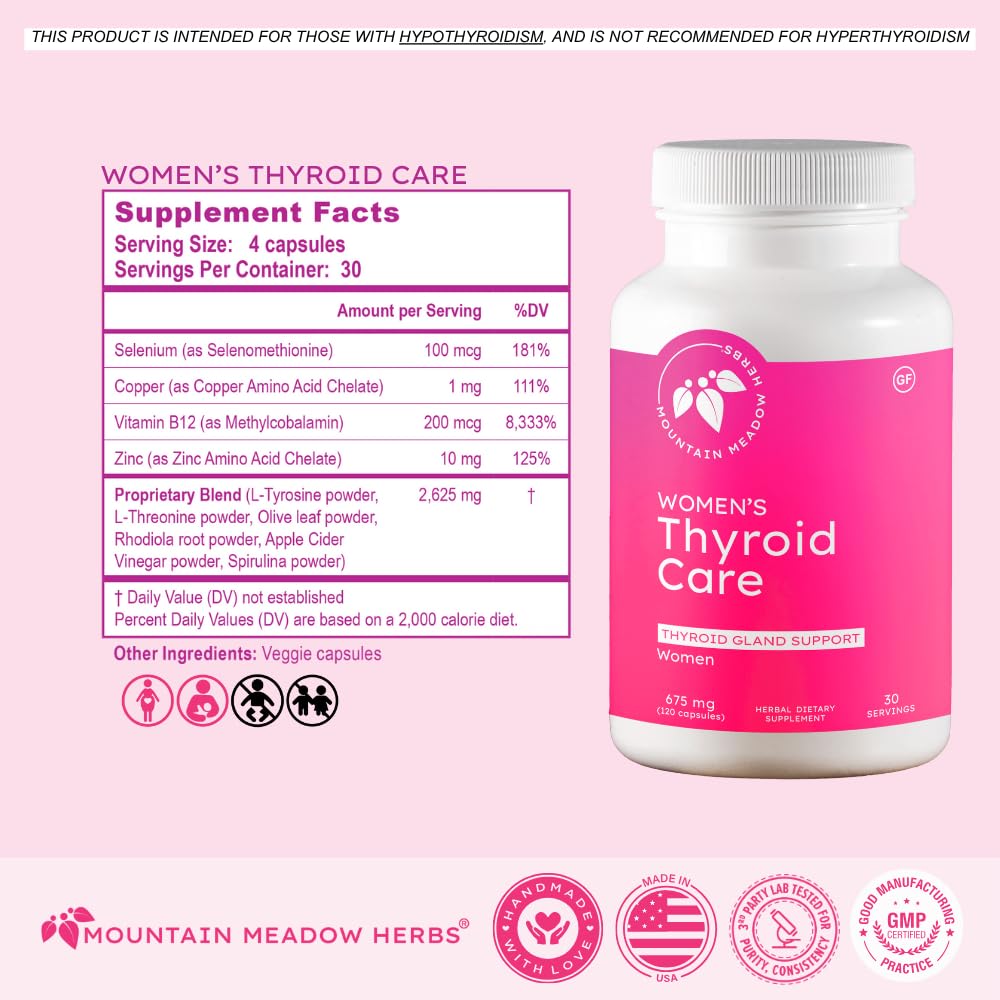 Mountain Meadow Herbs Women's Thyroid Care bottle on desk in calm setting for daily use