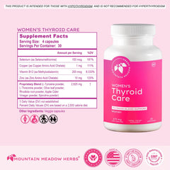 Mountain Meadow Herbs Women's Thyroid Care bottle on desk in calm setting for daily use