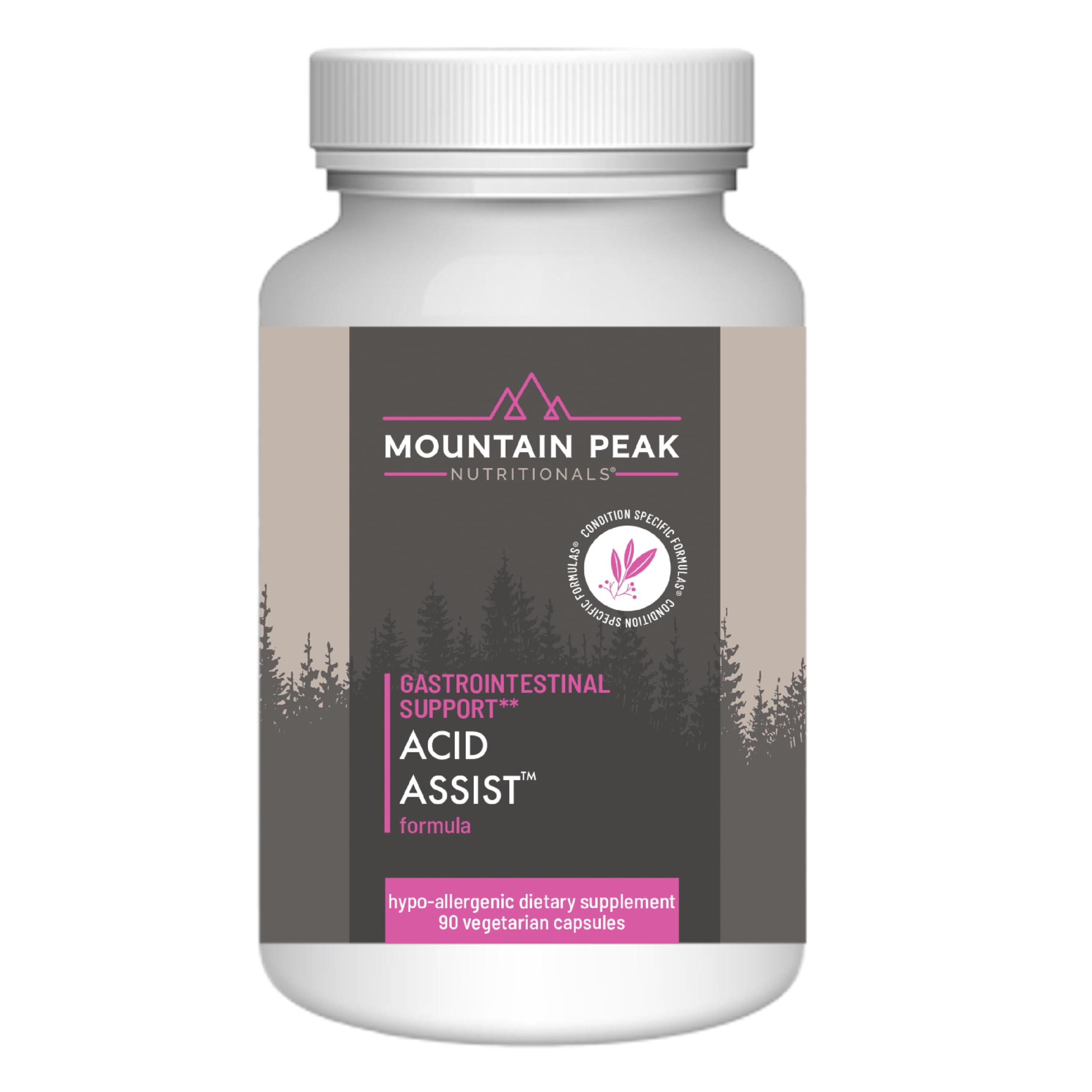 Mountain Peak Acid Assist bottle ready for daily GI support and occasional heartburn relief.