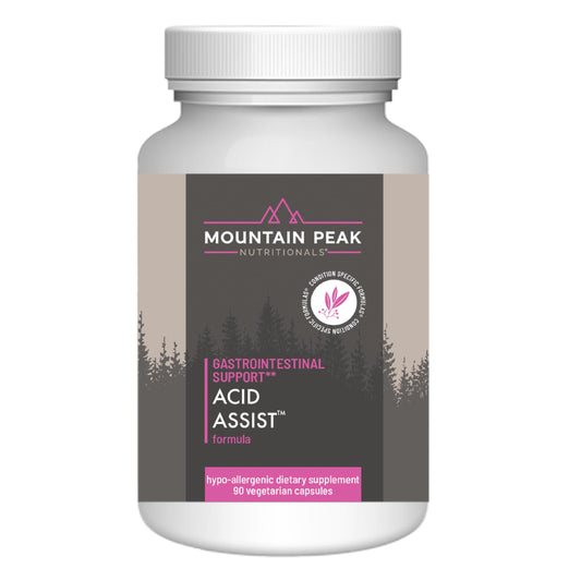 Mountain Peak Acid Assist bottle ready for daily GI support and occasional heartburn relief.