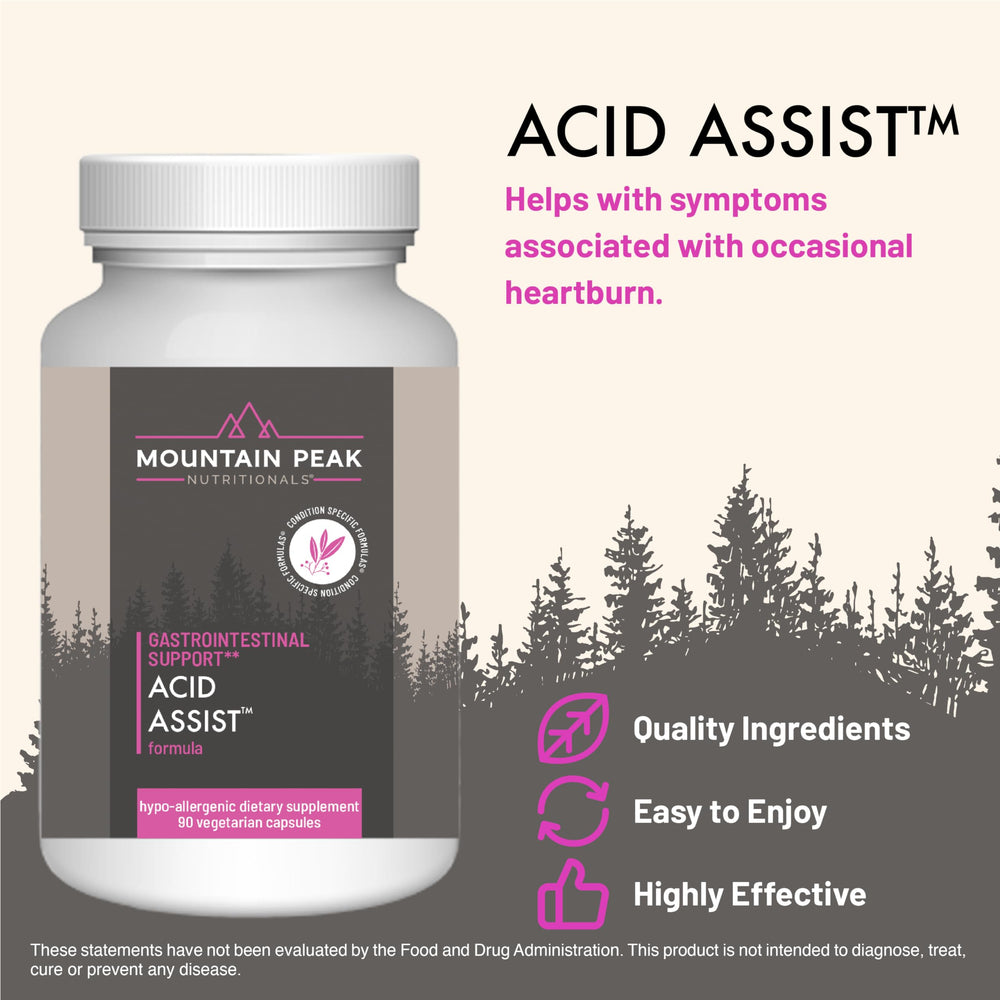 Mountain Peak Acid Assist capsules for gentle gastric support.