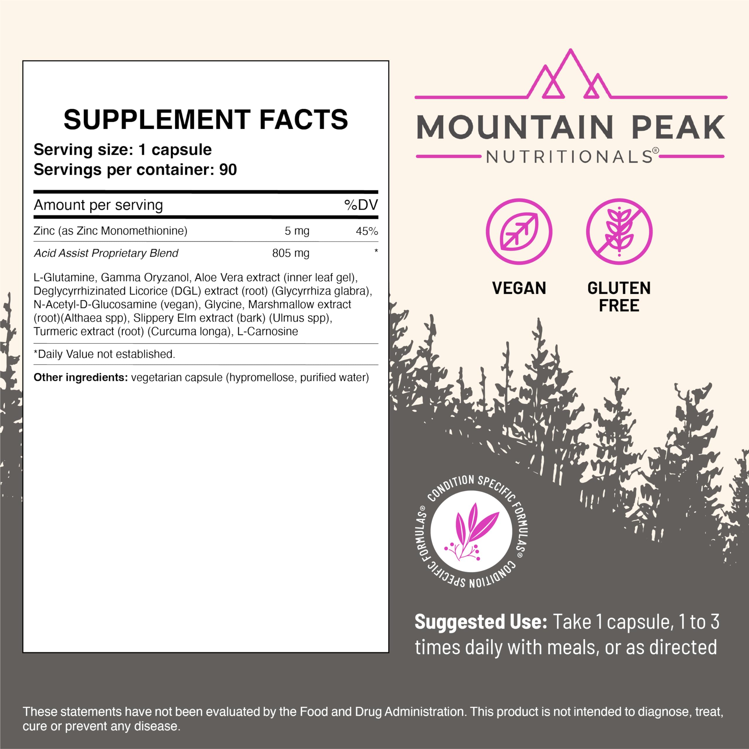 Mountain Peak Acid Assist ingredients panel for gut support.