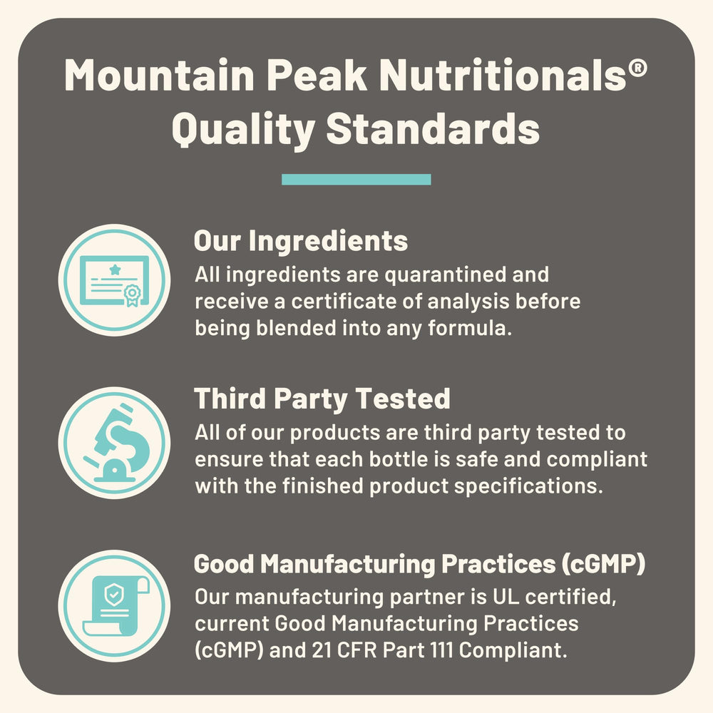 Mountain Peak Adrenal B Complex on kitchen counter beside water