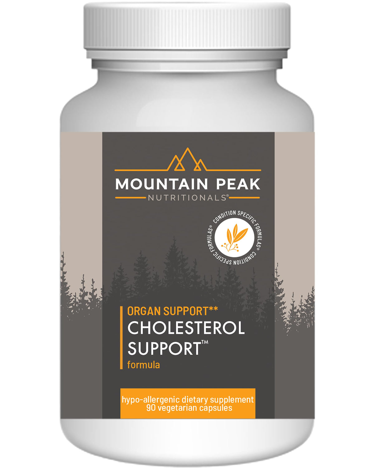 Mountain Peak Nutritionals cholesterol support bottle front, plant-based formula may support healthy lipid levels.