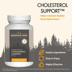 Mountain Peak Nutritionals cholesterol support label closeup showing artichoke and botanicals that may aid heart health.