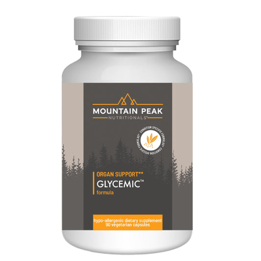 Mountain Peak Glycemic Formula bottle with 90 vegetarian capsules for daily wellness.