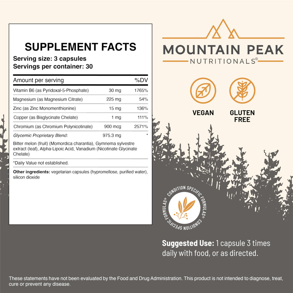 Ingredient panel highlights bitter melon and chromium for metabolic support.