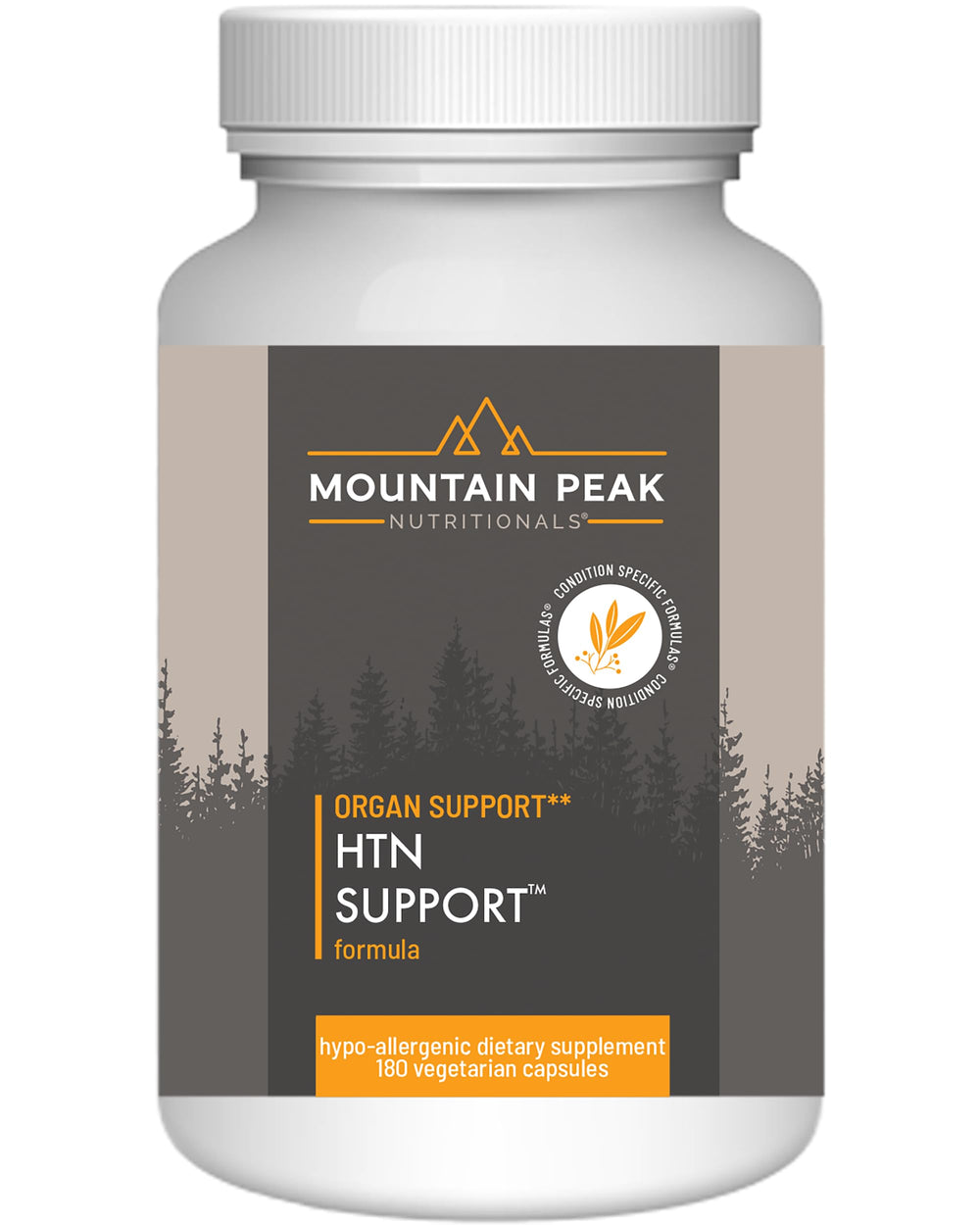 Mountain Peak HTN bottle with capsules for heart health support.
