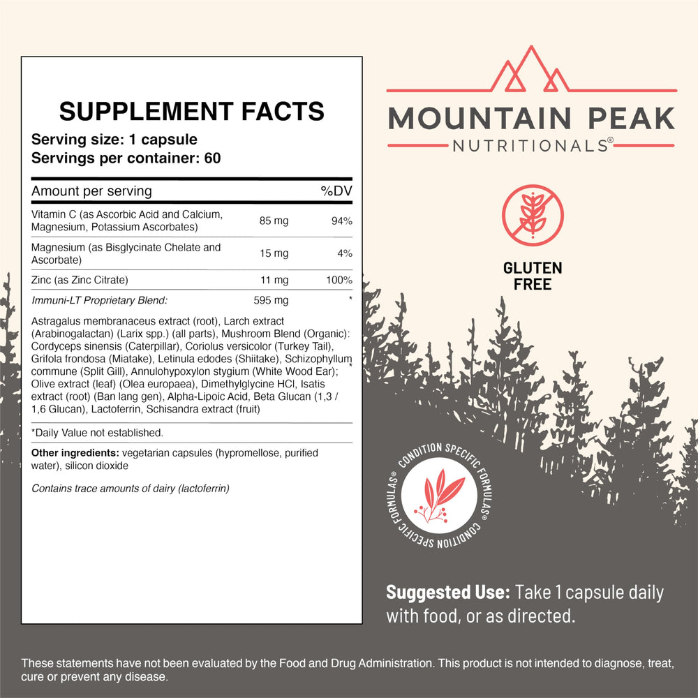 Mountain Peak Immuni-LT veggie capsules displayed for wellness and daily use.