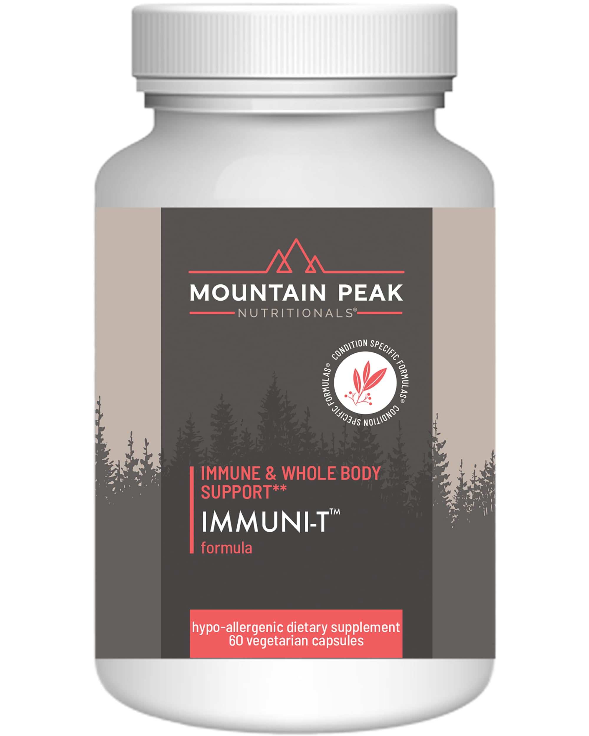 Mountain Peak Immuni-T bottle front shows 60 veggie capsules for daily immune support