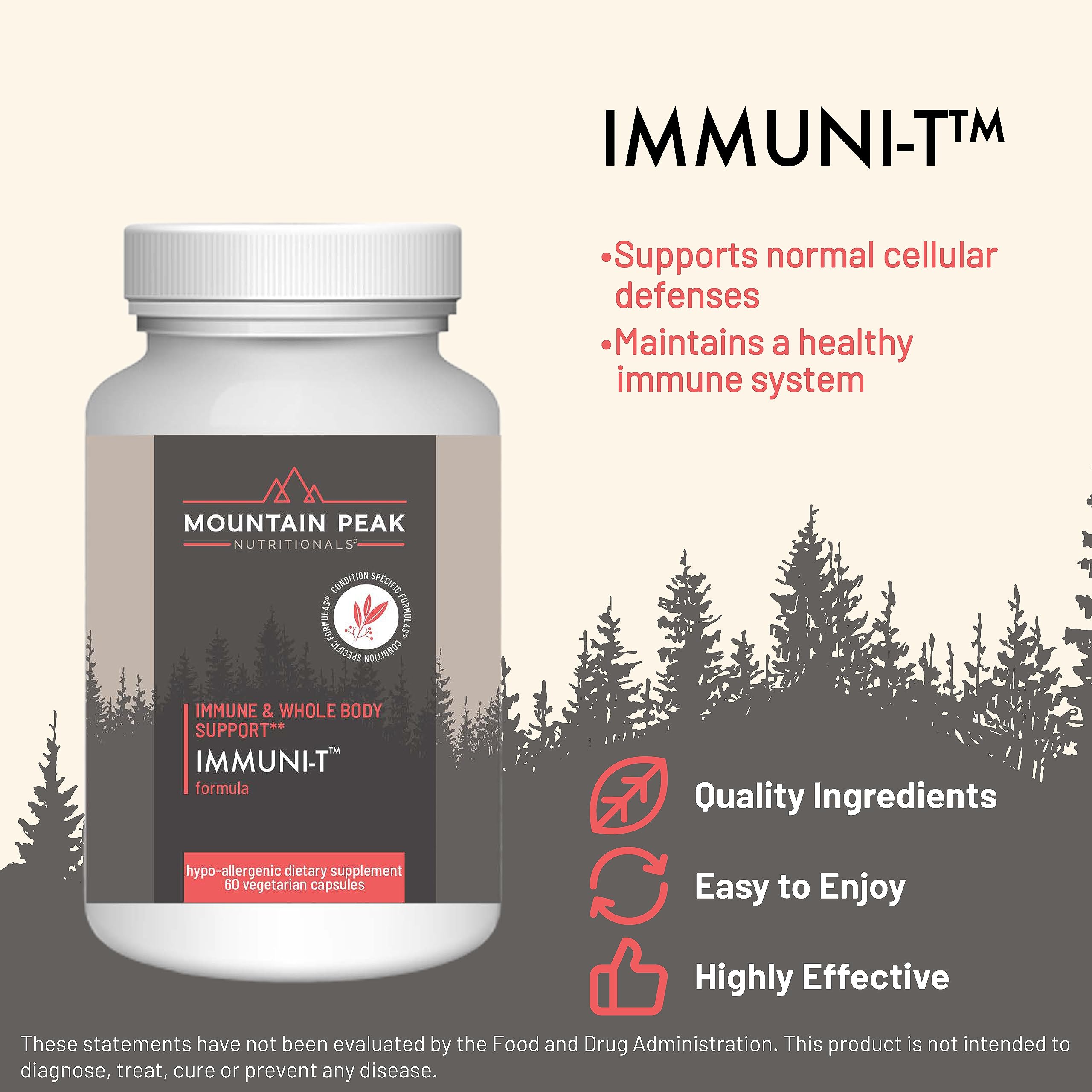 Mountain Peak Immuni-T bottle side label highlights vitamin C, vitamin A, and zinc