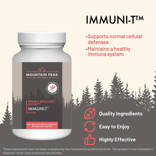 Mountain Peak Immuni-T bottle side label highlights vitamin C, vitamin A, and zinc