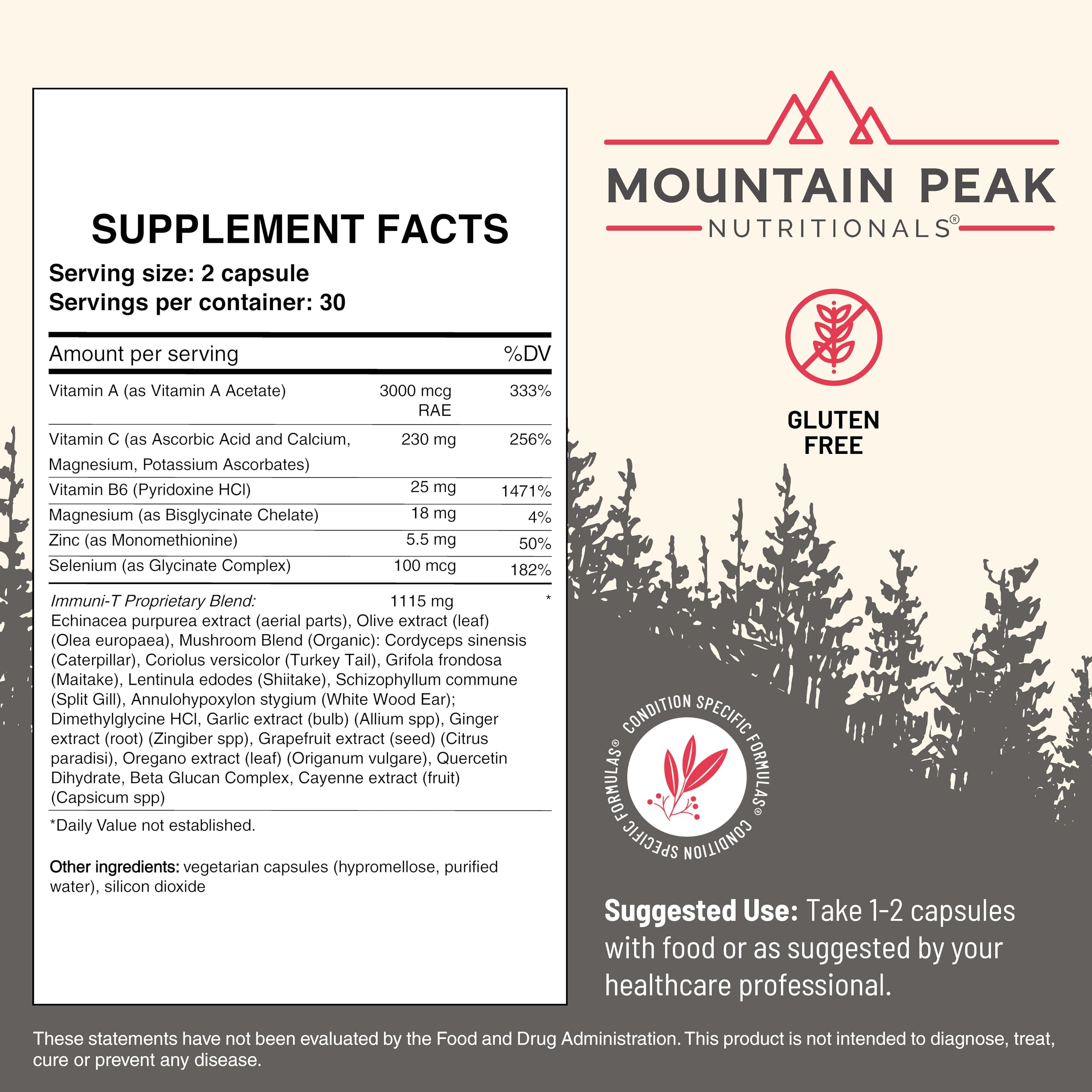 Mountain Peak Immuni-T ingredients blend emphasizes immune-supporting vitamins and minerals