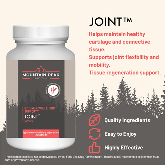Mountain Peak Joint Formula capsules close-up highlighting glucosamine and boswellia for mobility.