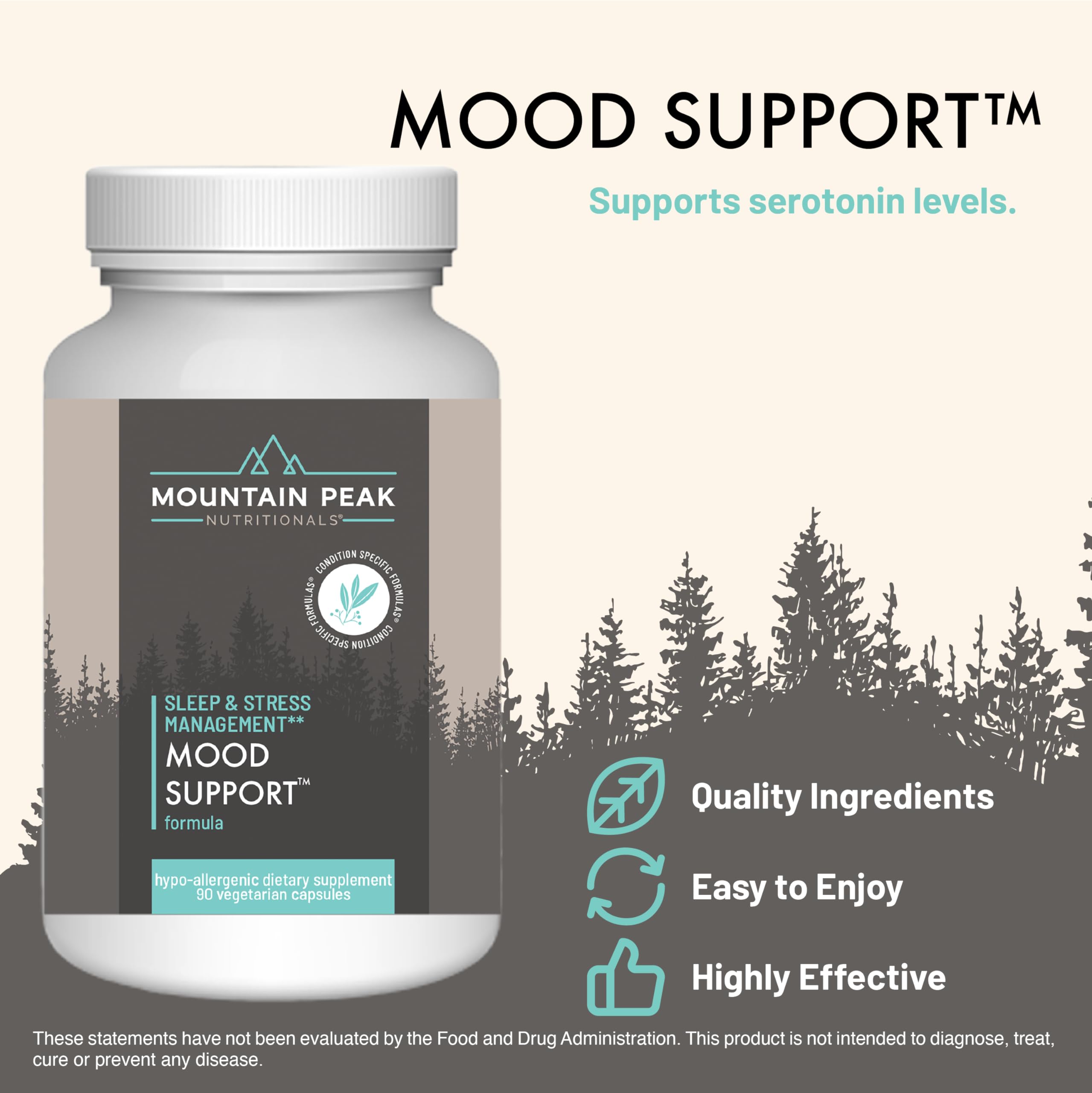 Mountain Peak Mood Support capsules close-up highlights vegan capsules and clean formulation.