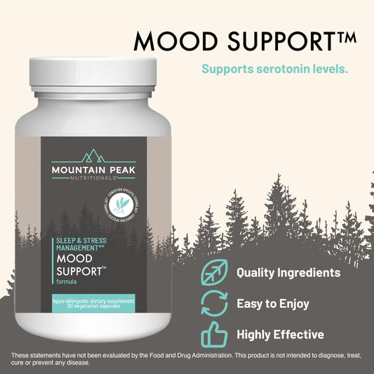 Mountain Peak Mood Support capsules close-up highlights vegan capsules and clean formulation.