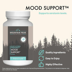 Mountain Peak Mood Support capsules close-up highlights vegan capsules and clean formulation.