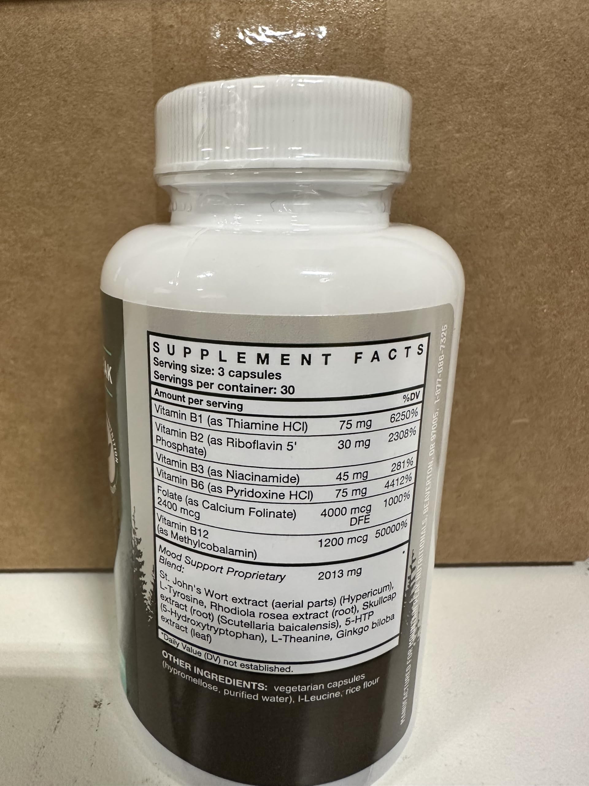 Mountain Peak Mood Support label detailing 90 vegetarian capsules.