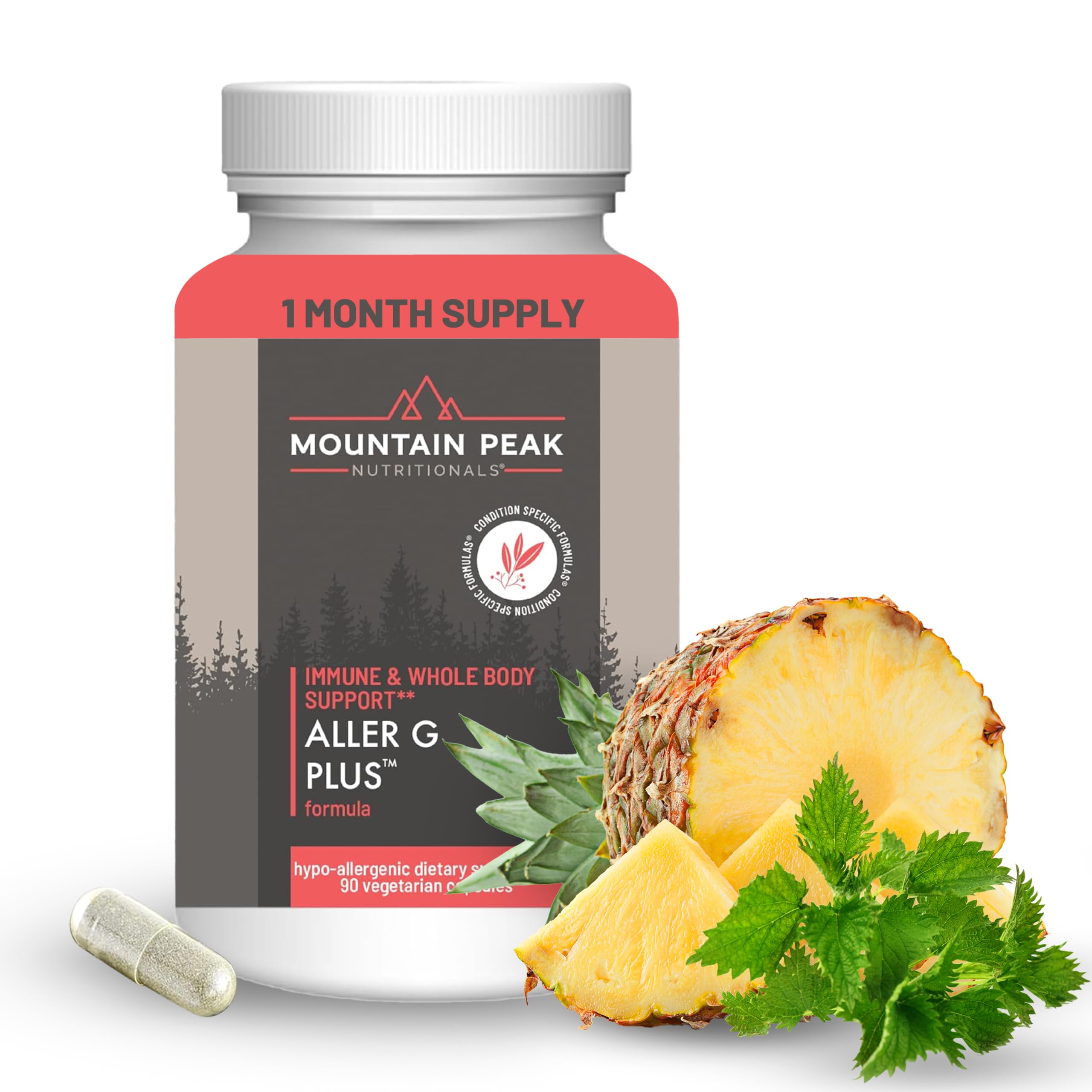 Mountain Peak Nutritionals Aller G Plus bottle for seasonal immune support and respiratory wellness.