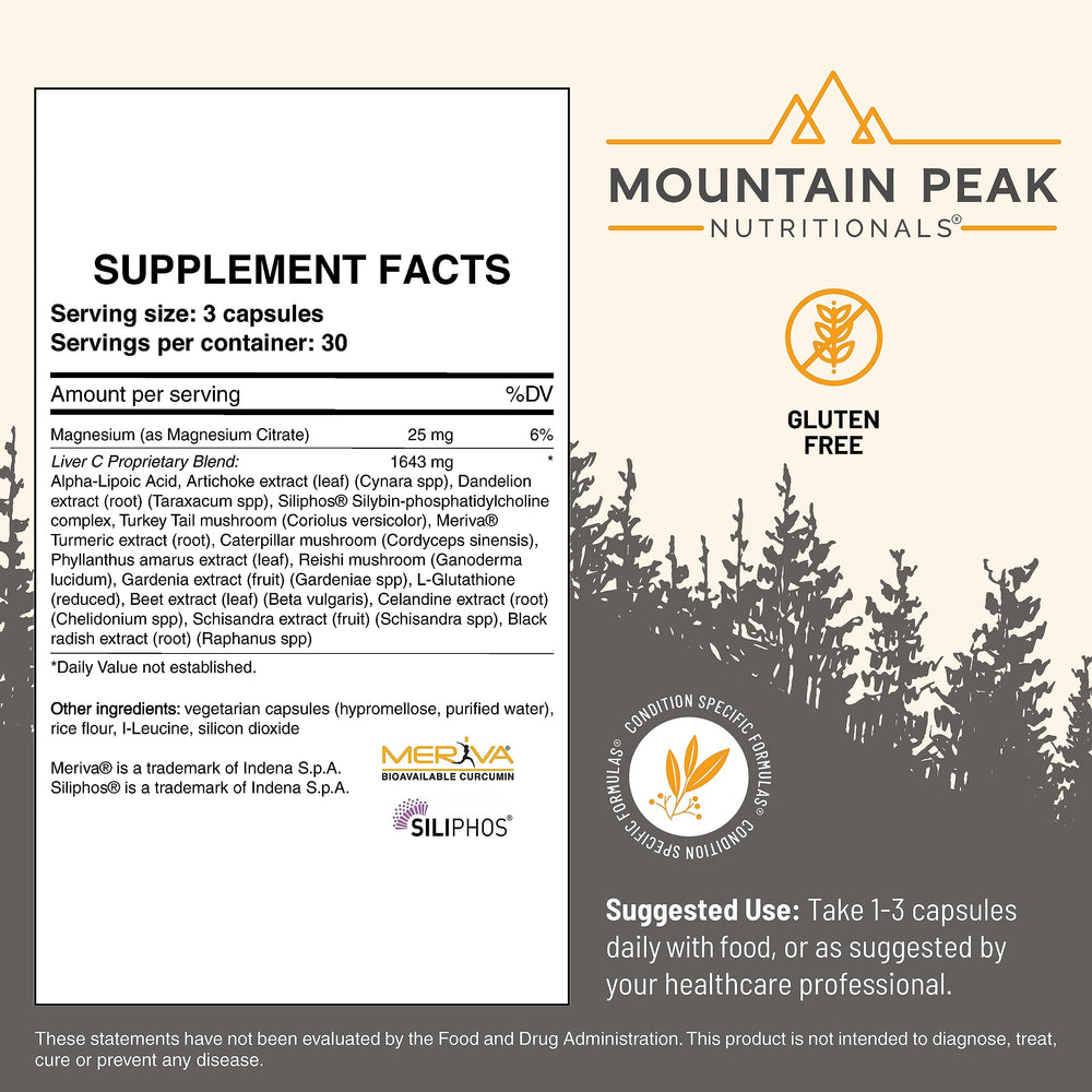 Mountain Peak Liver C ingredients panel with turmeric and mushrooms