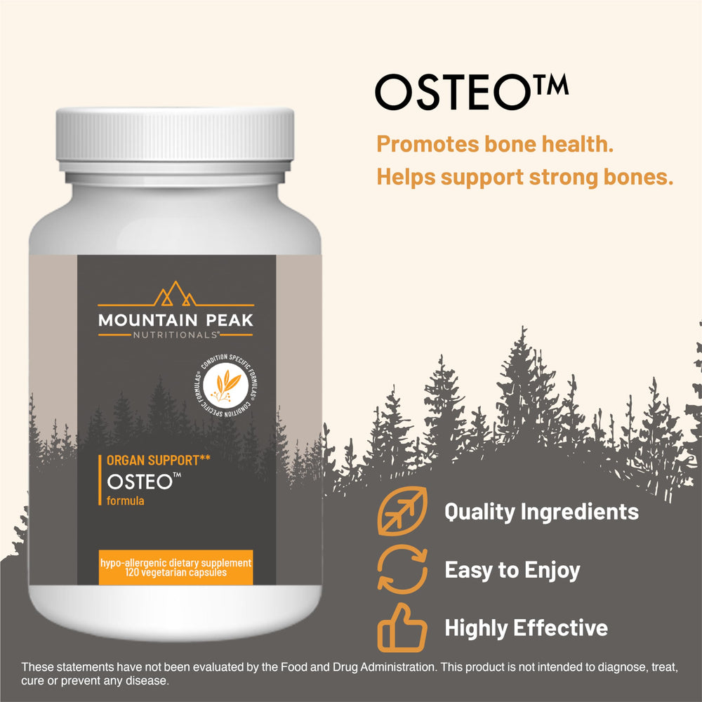 Closeup of Mountain Peak Osteo capsules highlighting calcium forms for bone health